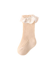 Beige lace frill baby socks – delicate cotton knit socks with ruffled lace cuff for girls
