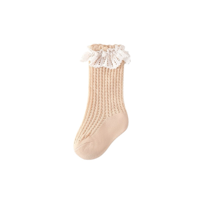 Beige lace frill baby socks – delicate cotton knit socks with ruffled lace cuff for girls
