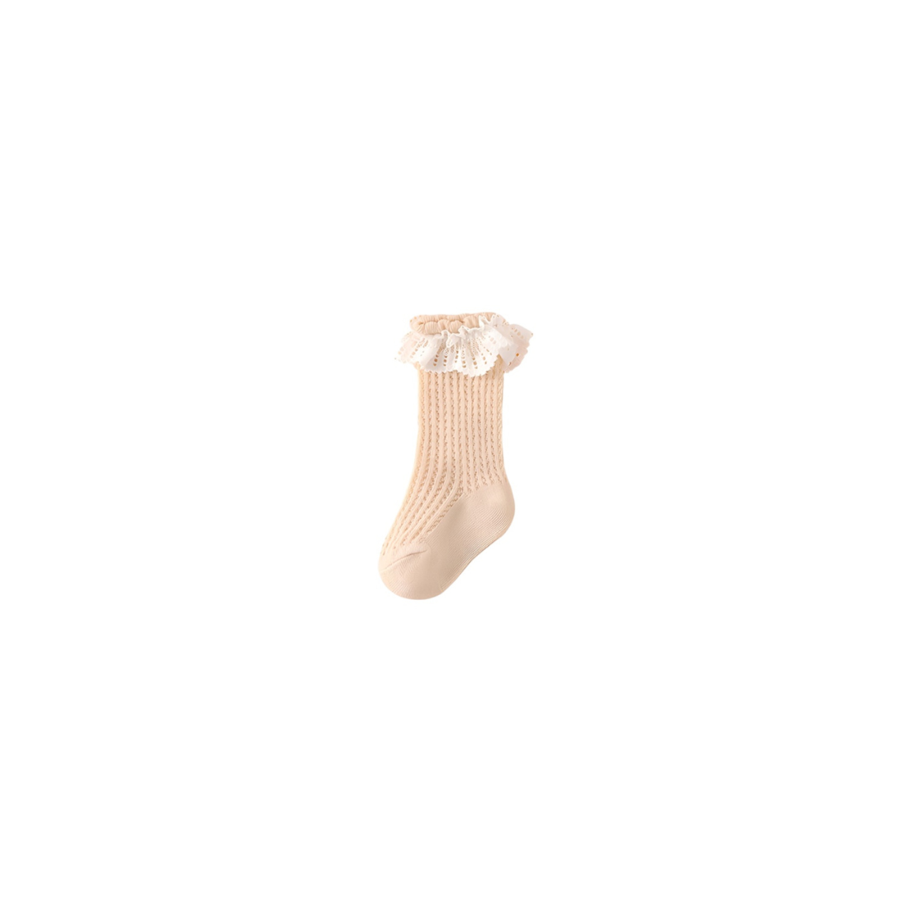 Beige lace frill baby socks – delicate cotton knit socks with ruffled lace cuff for girls
