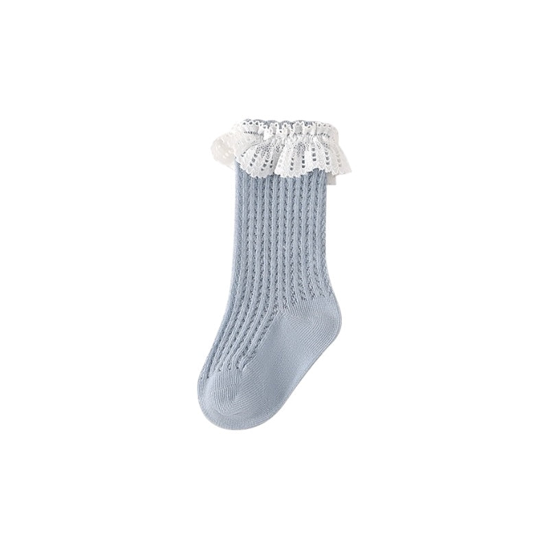 Light blue lace trim baby socks – elegant breathable cotton socks for infants and girls
