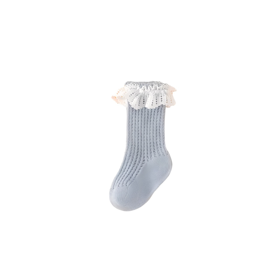 Light blue lace trim baby socks – elegant breathable cotton socks for infants and girls
