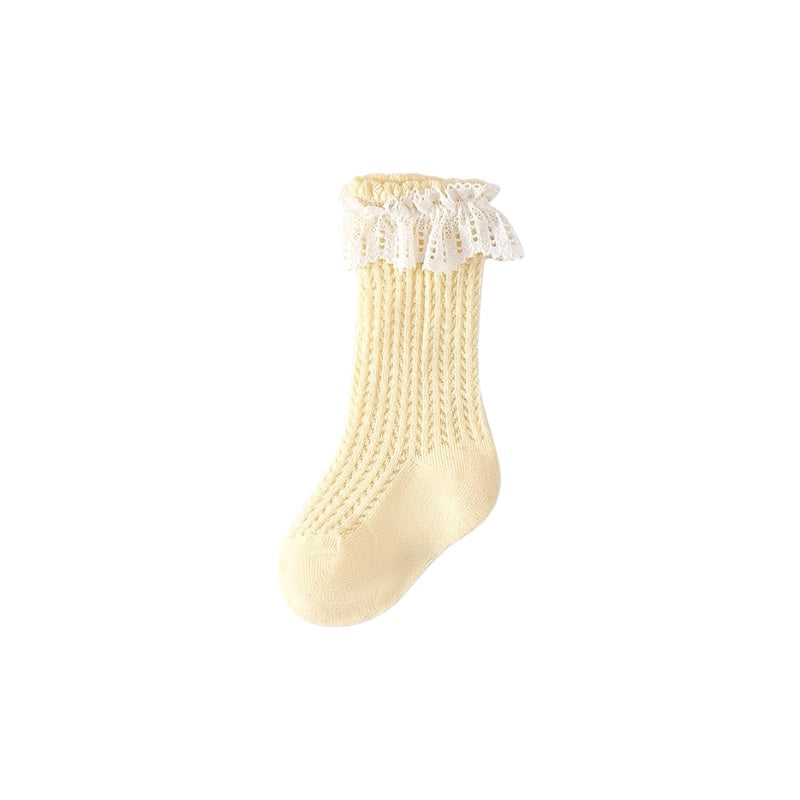 Cream lace frill baby socks – breathable cotton knit toddler socks for spring and summer