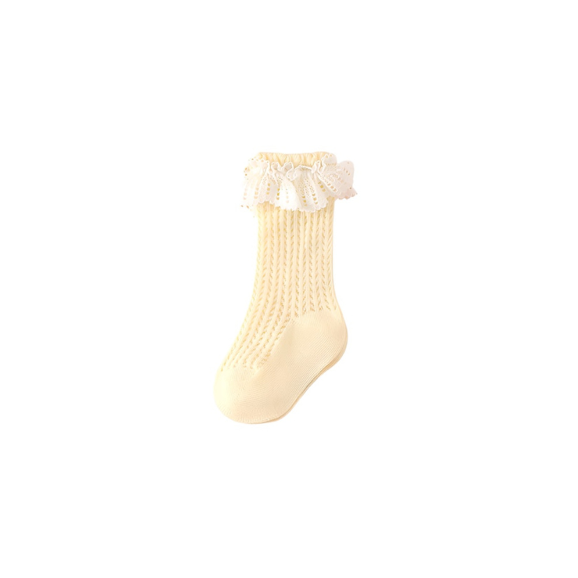 Cream lace frill baby socks – breathable cotton knit toddler socks for spring and summer