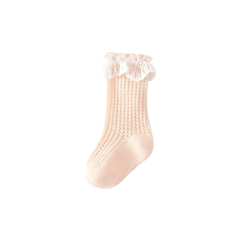 Soft pink lace frill baby socks – cute cotton hollow knit socks for toddlers
