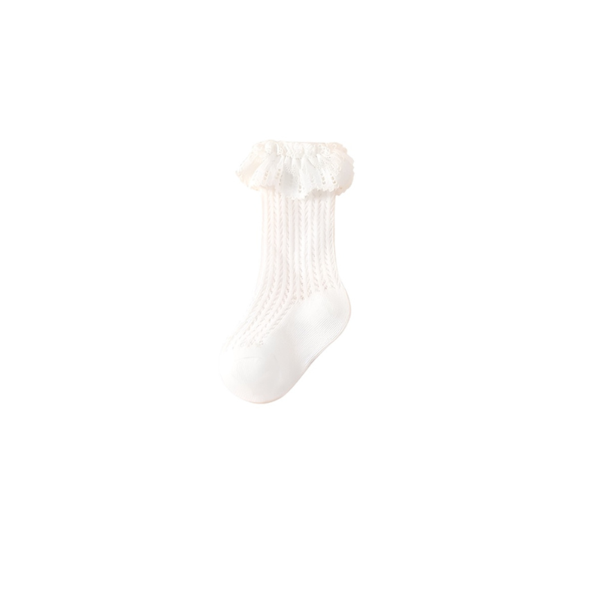 White lace frill baby socks – soft cotton hollow knit socks for girls and toddlers
