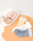 Set of pastel lace frill cotton baby socks in beige, yellow, white, and blue.