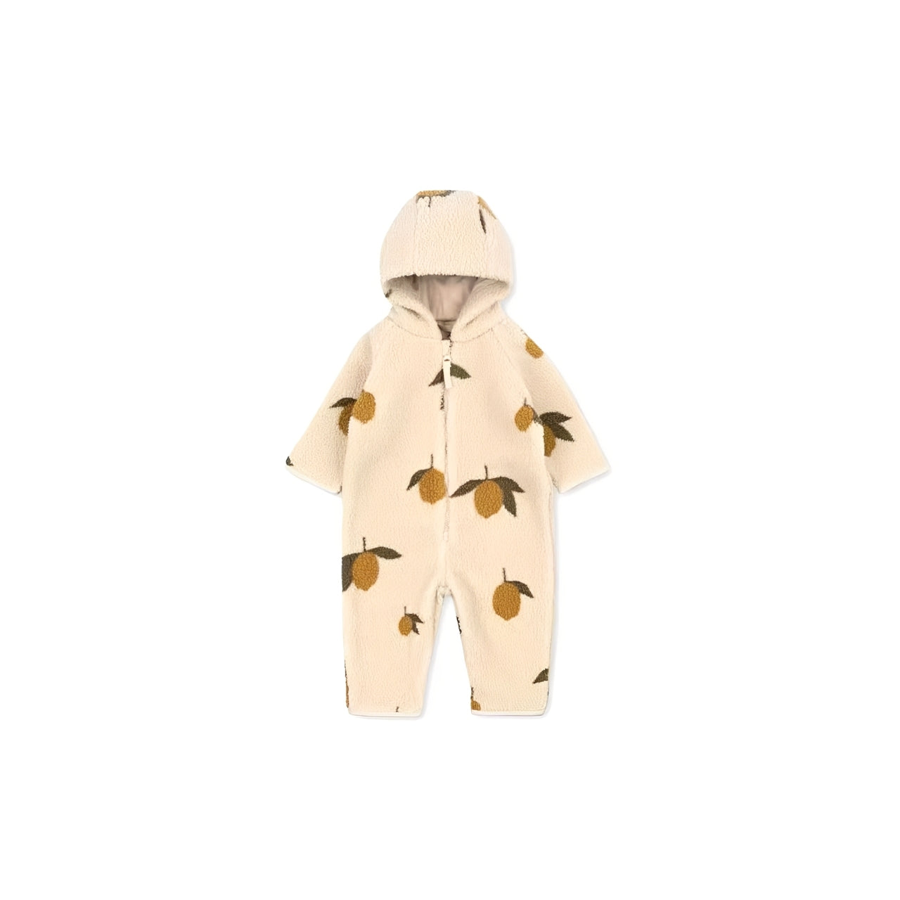 Beige hooded baby fleece romper with lemon print, cozy winter jumpsuit for boys and girls
