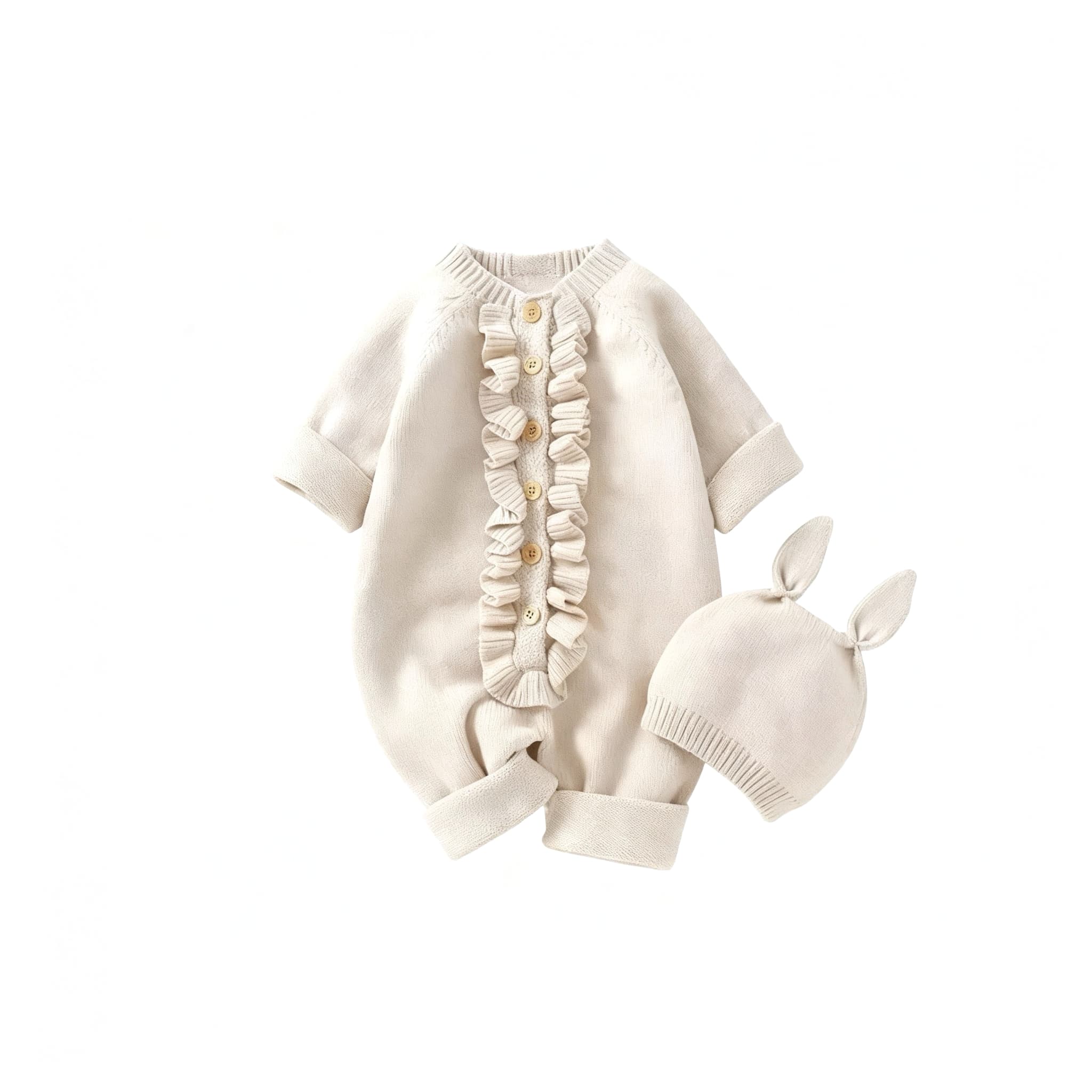 Light apricot knitted baby romper with ruffle buttons and matching hat, warm and breathable baby outfit.