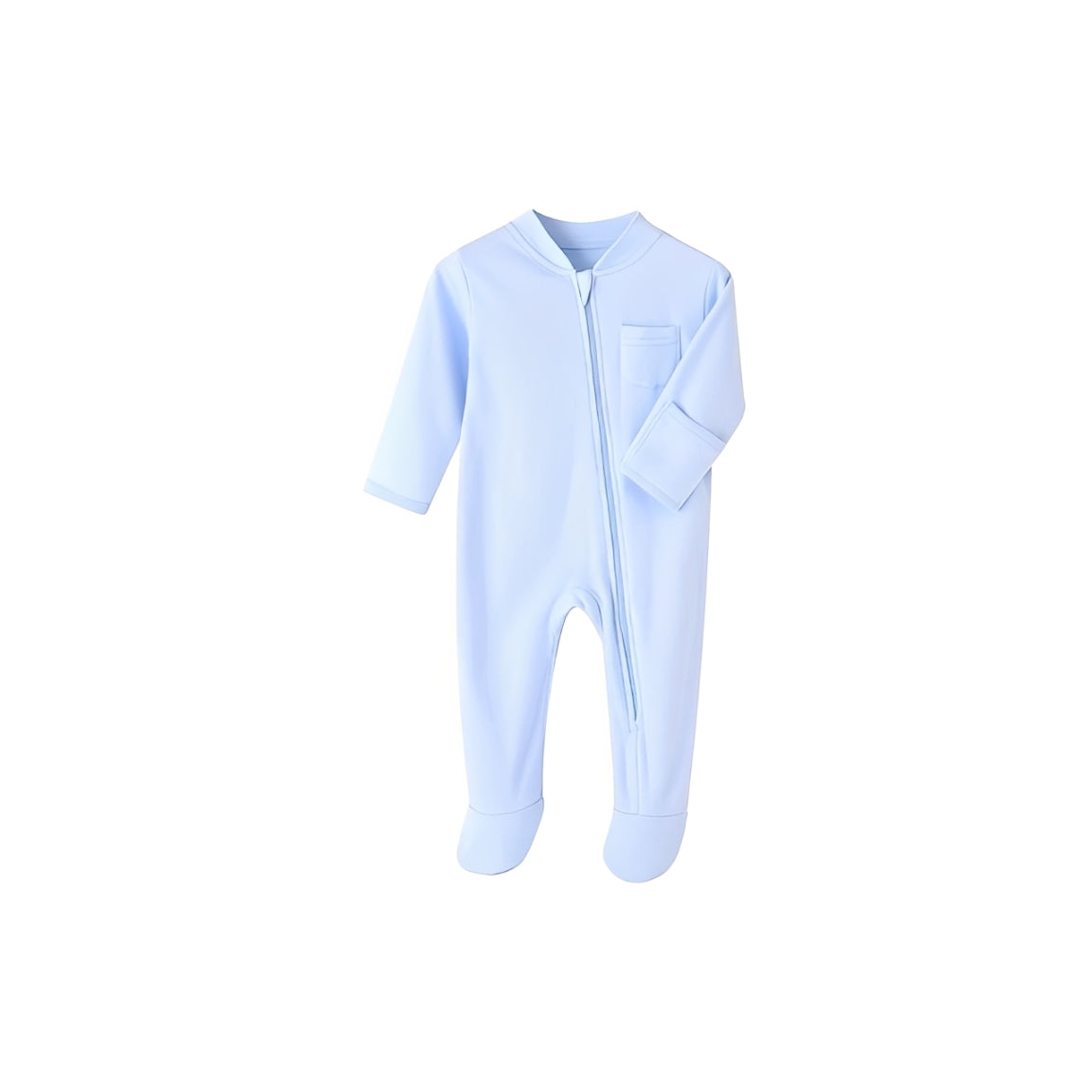 Light blue zip-up baby romper with long sleeves and front pocket.