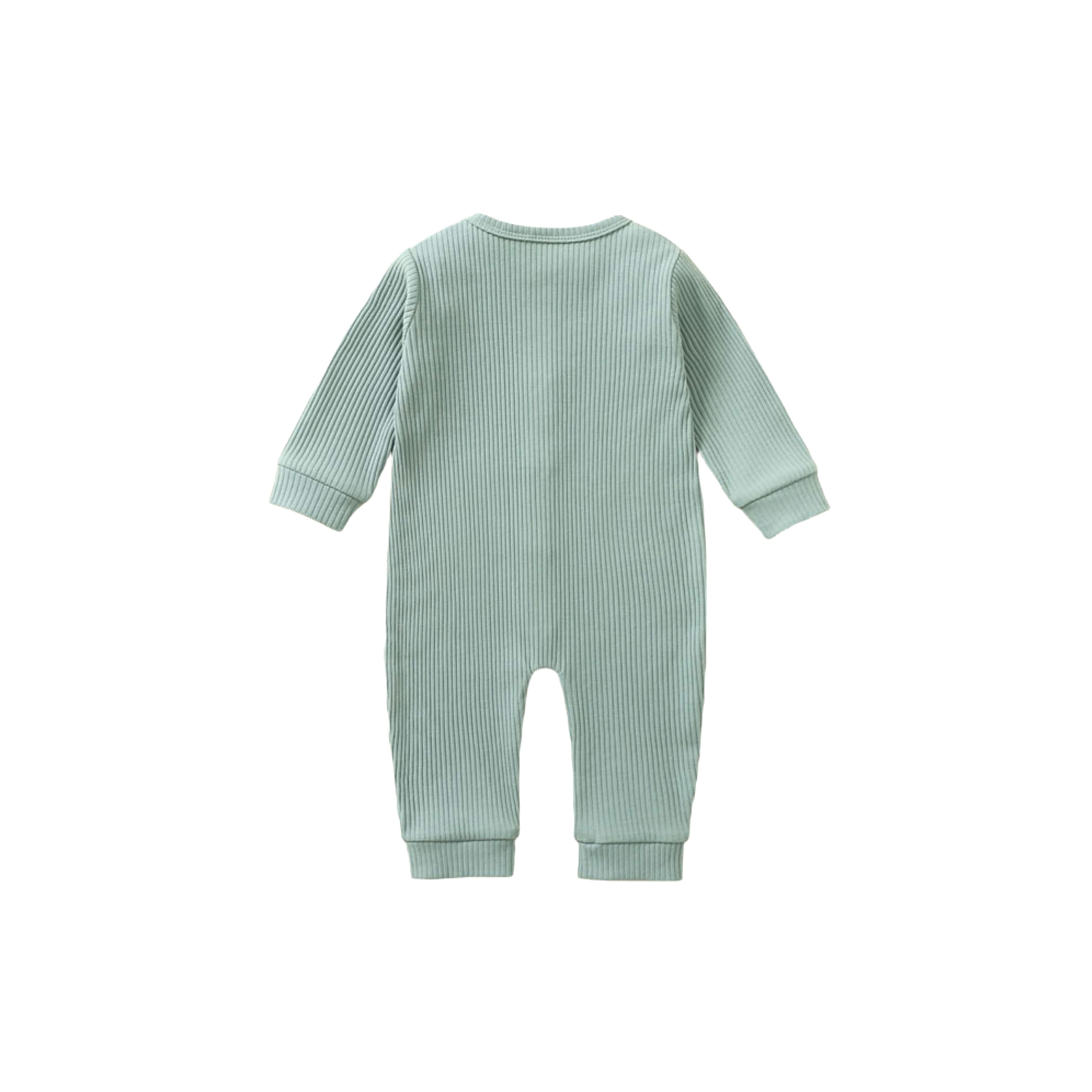 Back view of light green ribbed cotton baby romper showing fine knit texture and cuffed sleeves.