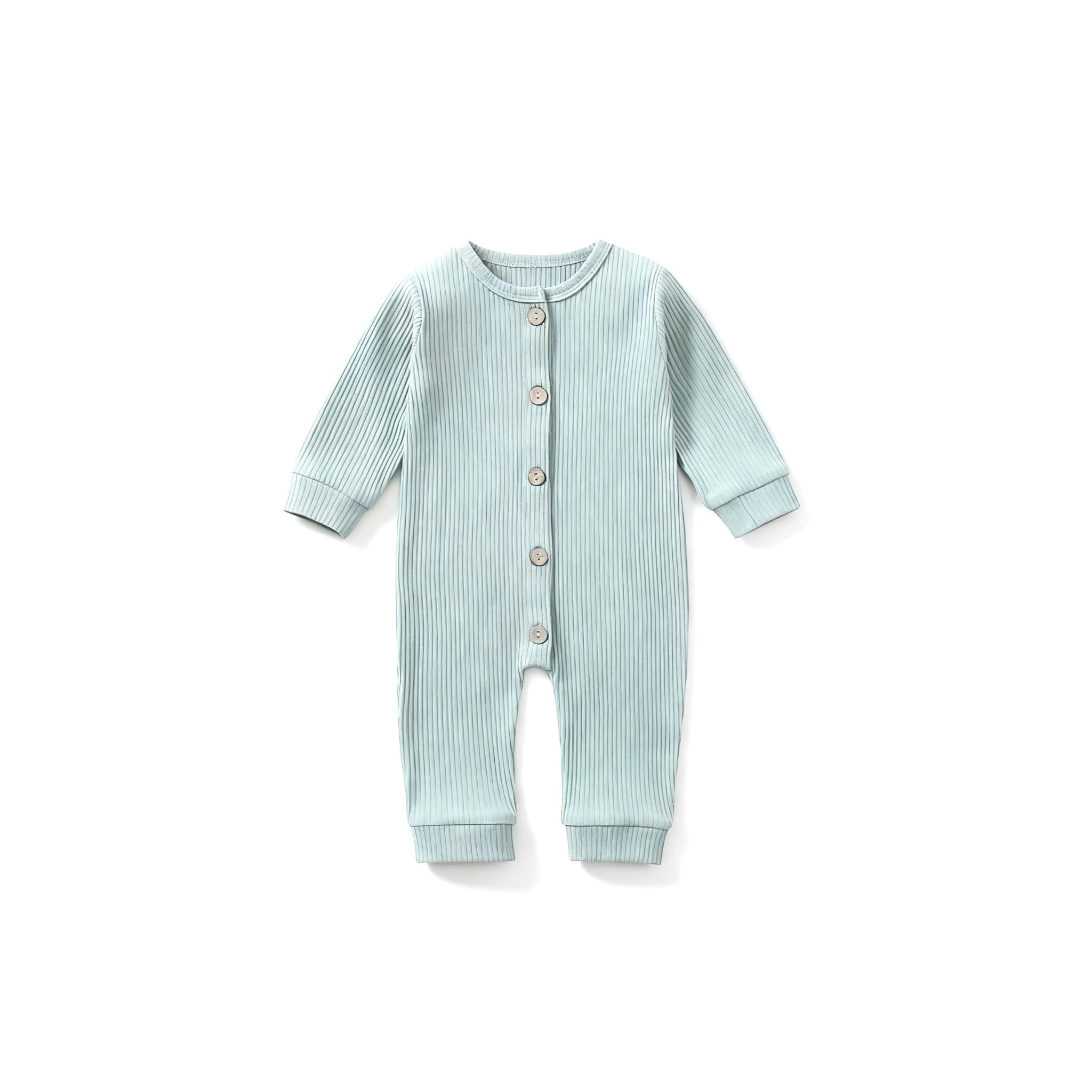 Front view of light green ribbed cotton baby romper – minimalist long sleeve design with buttons.