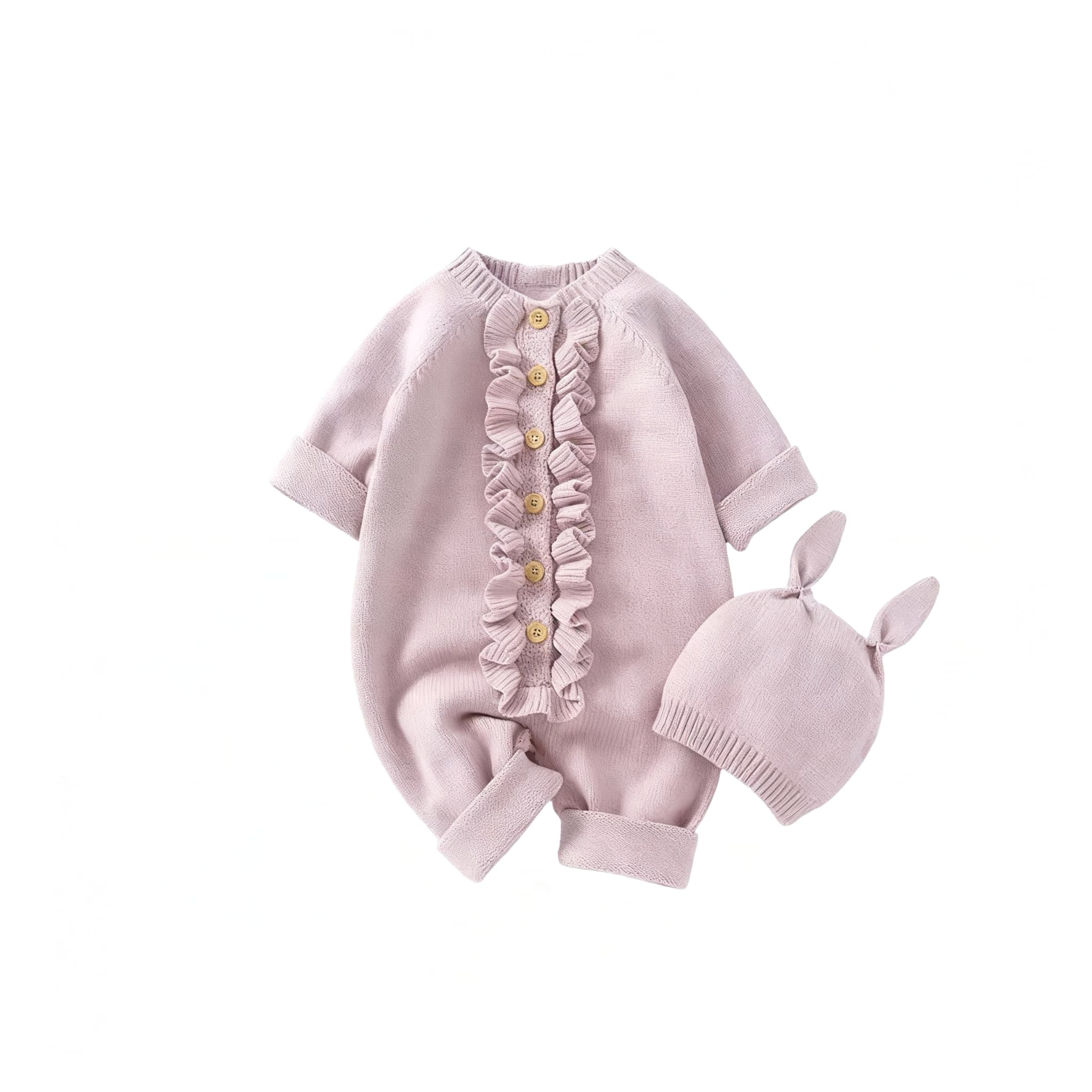 Light pink knitted baby romper with ruffle design and bunny-ear hat, cute and comfortable infant jumpsuit.