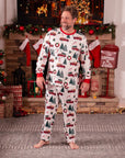 Men’s Christmas pajama set with red truck, Christmas tree, and wreath design