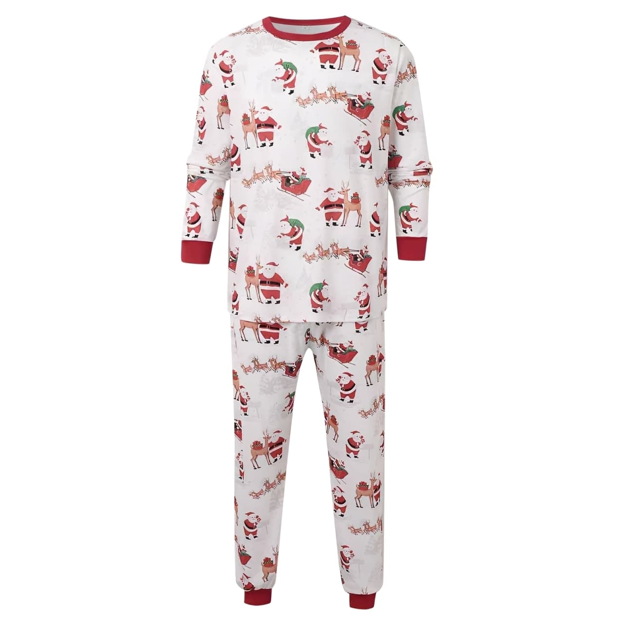 Men’s Christmas pajamas with Santa and reindeer holiday print, two-piece sleepwear set.
