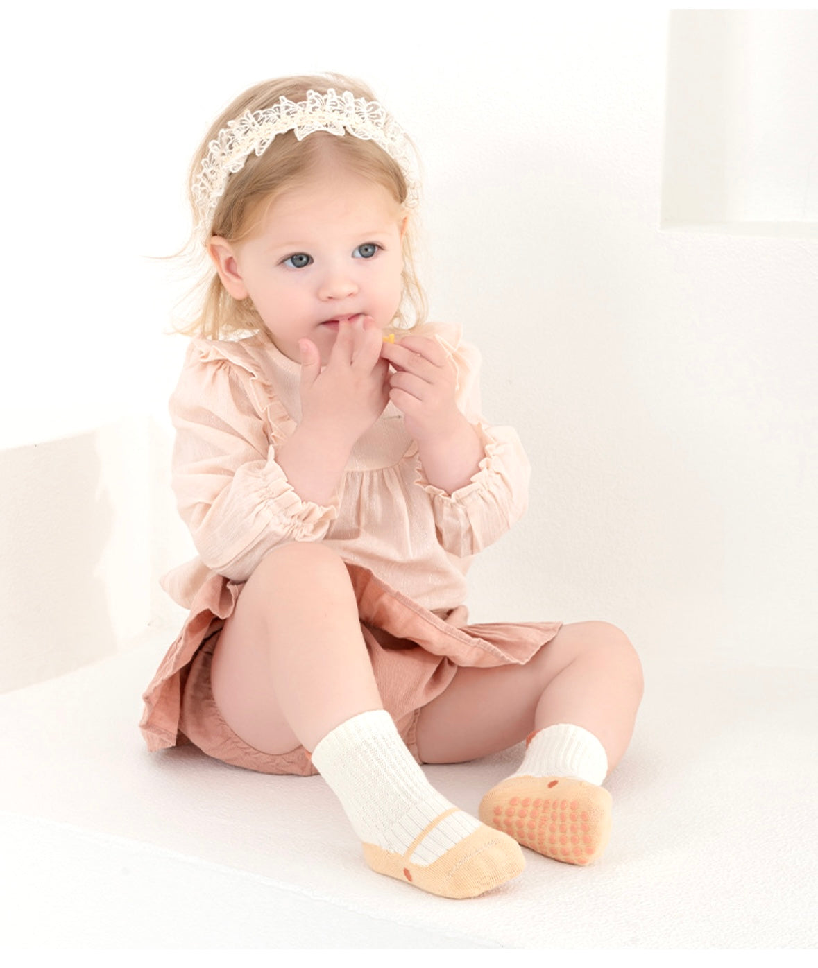 Flat lay of 5-pack multi-colour anti-slip baby socks – soft cotton grip socks