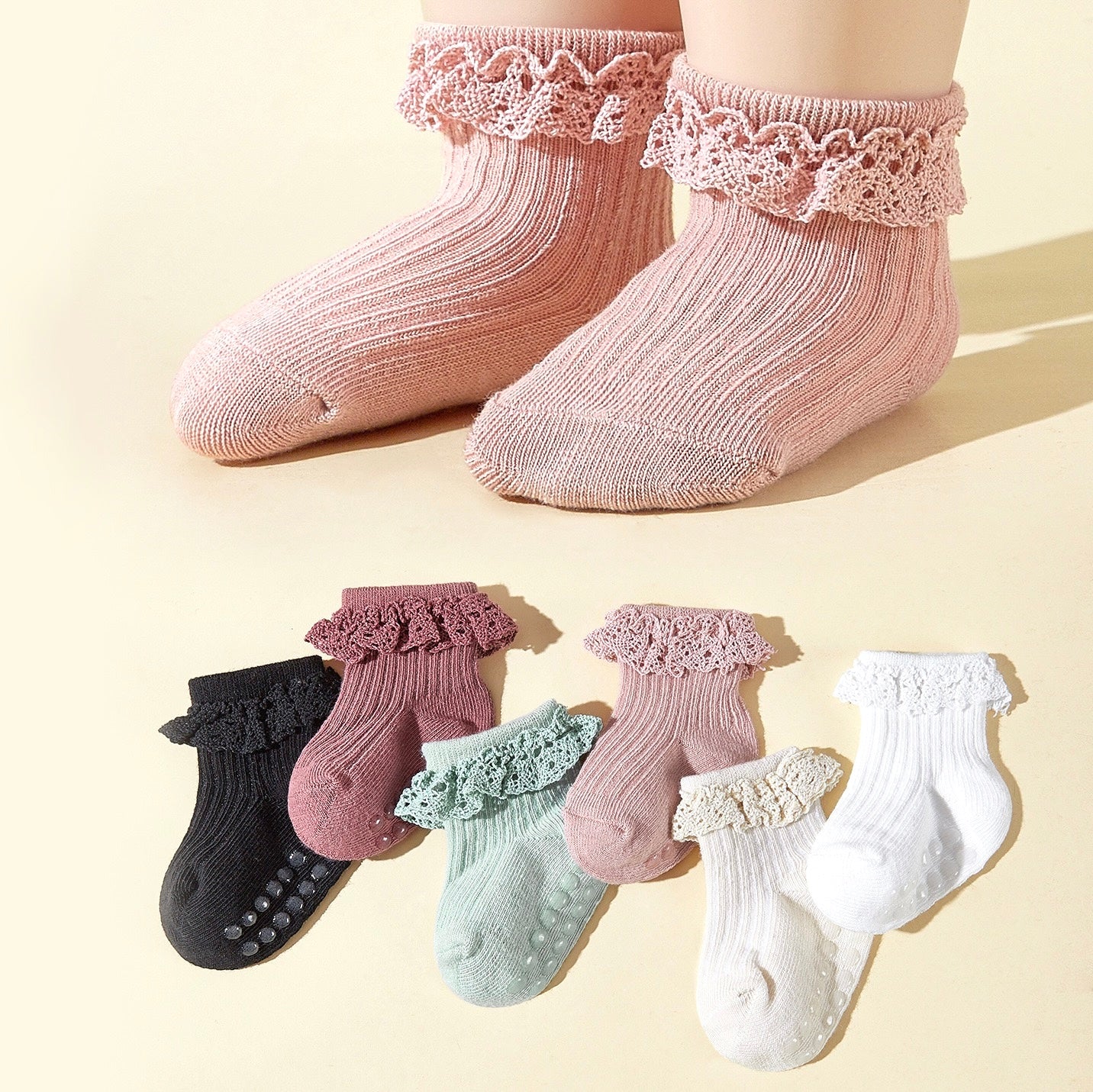 multi colour lace trim baby socks – breathable cotton non-slip baby socks
