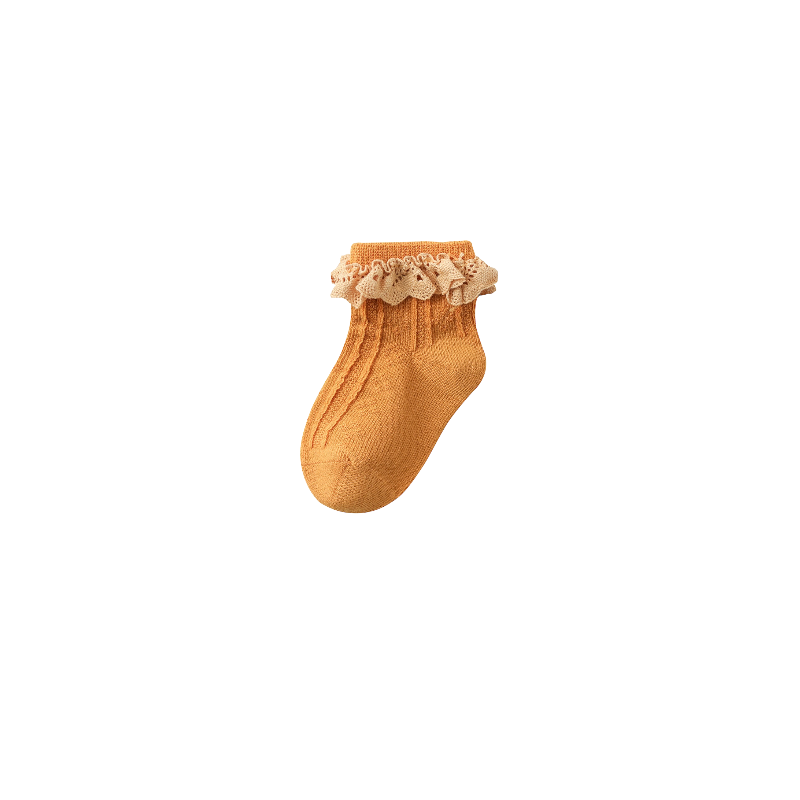 Mustard yellow baby socks with ruffled lace edge, stretchable and comfortable fit for infants.