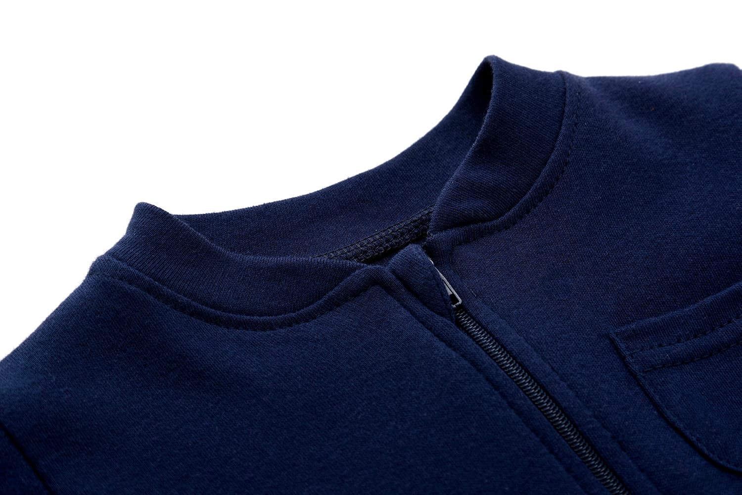 Detailed view of footed design on navy blue baby romper with ribbed cuffs.