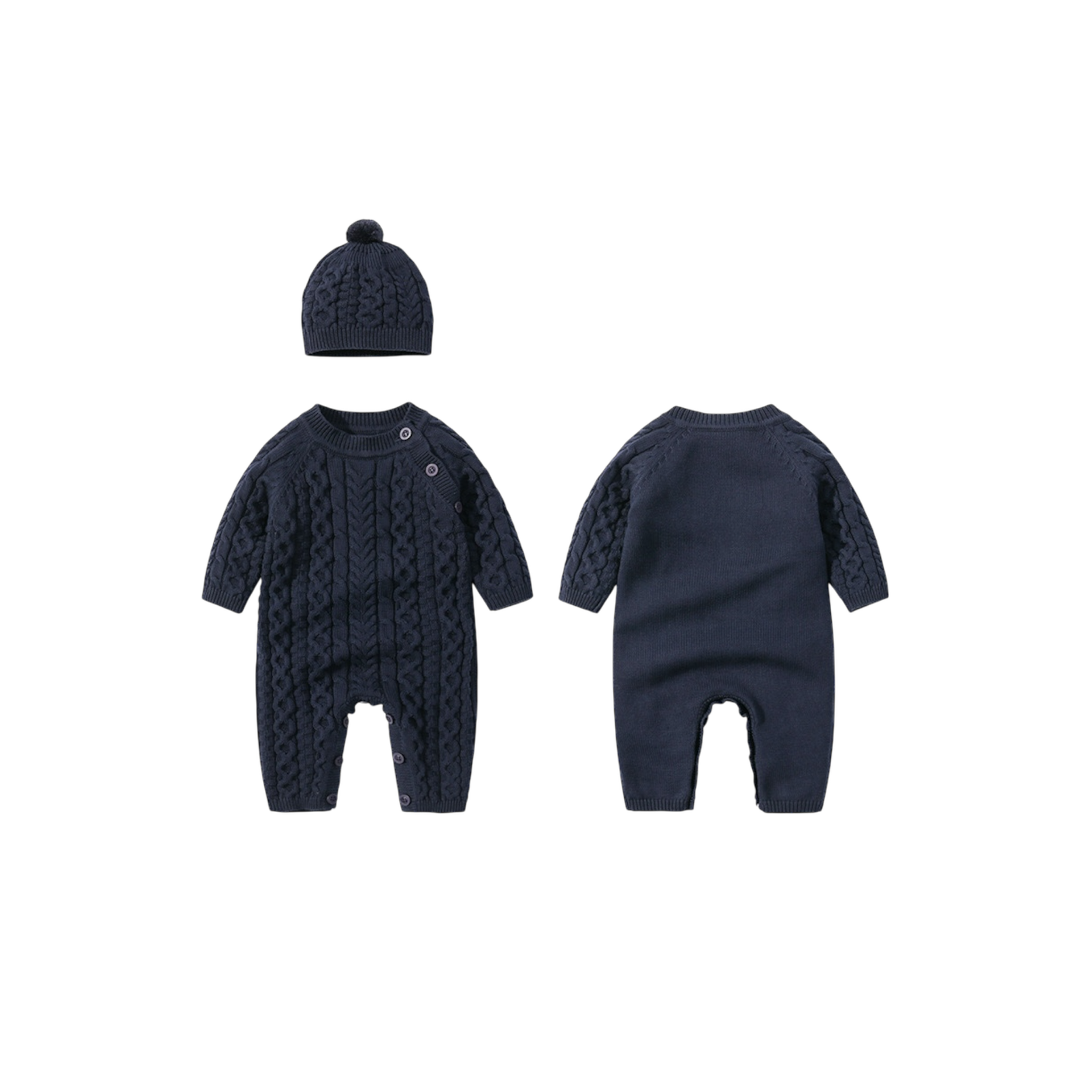 Navy blue cable knit baby romper and hat, showing detailed front and back textured pattern.
