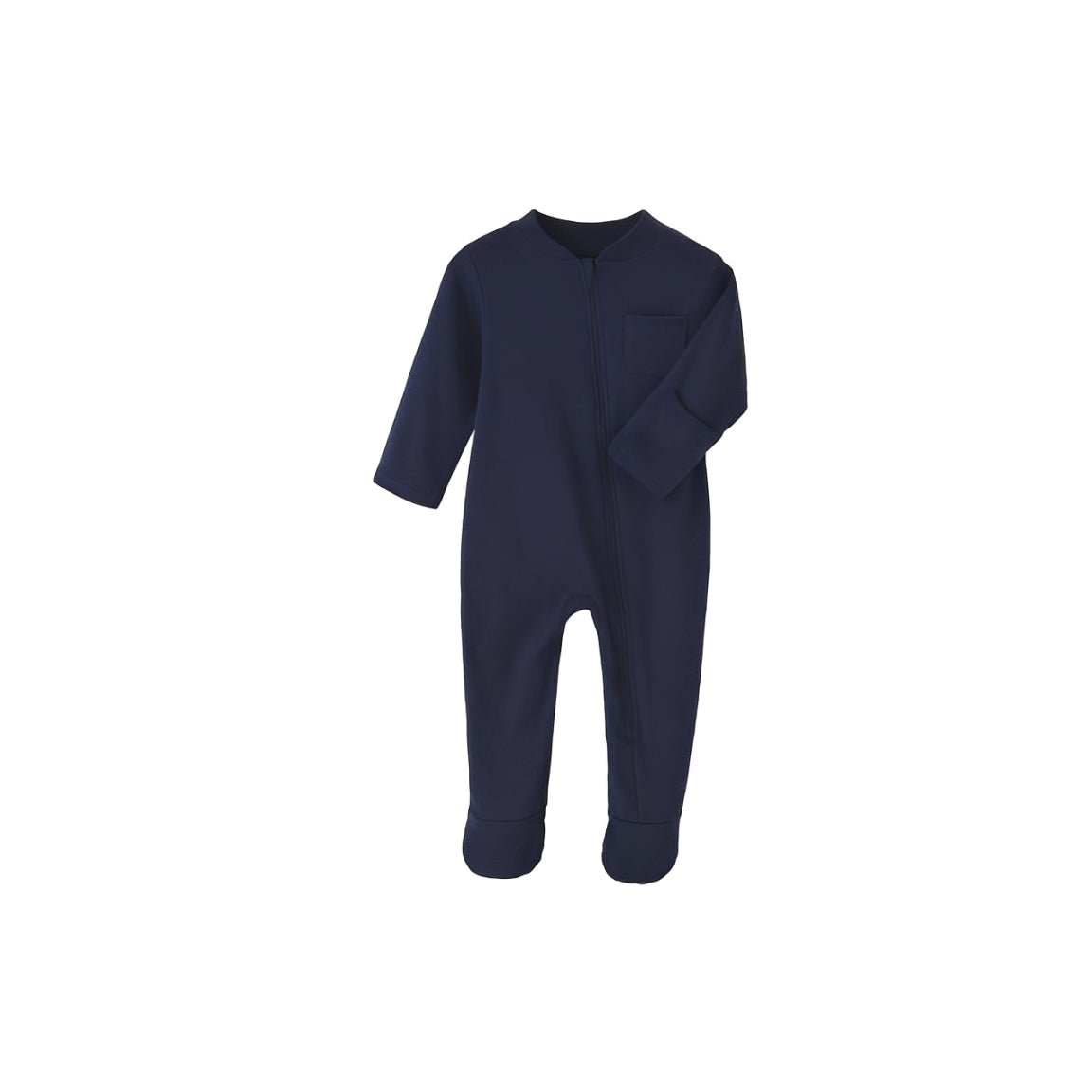 Navy blue cotton baby sleepsuit with zipper and footed bottom for warmth.
