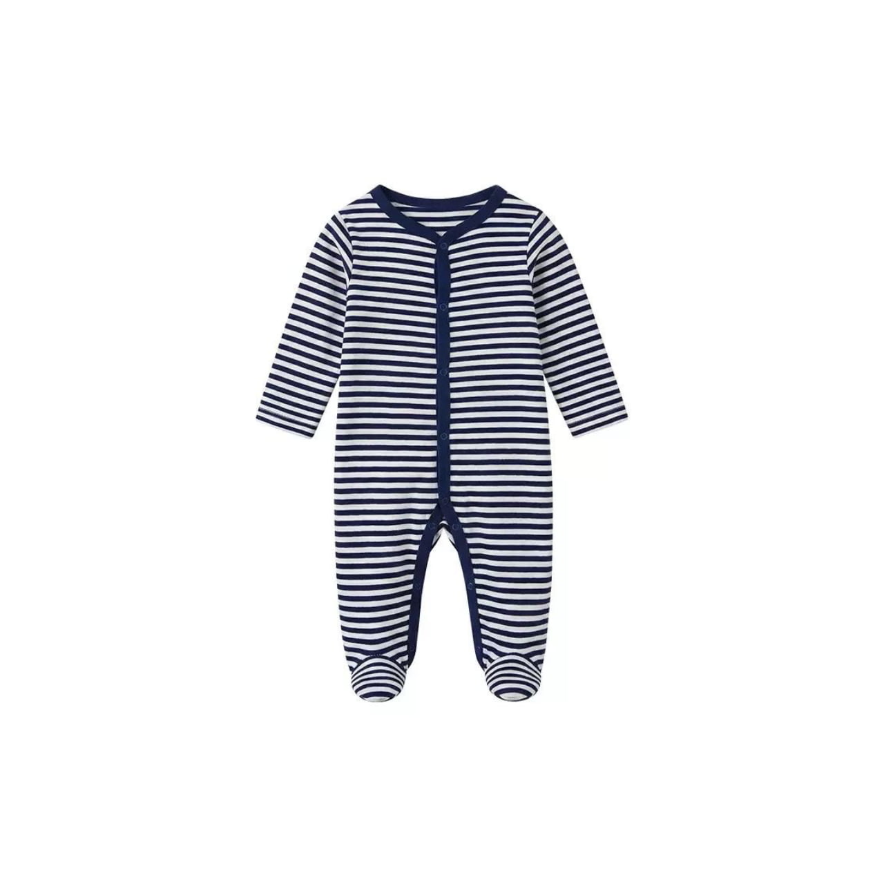 Navy stripe baby sleepsuit with front button closure in soft cotton fabric for comfortable everyday wear