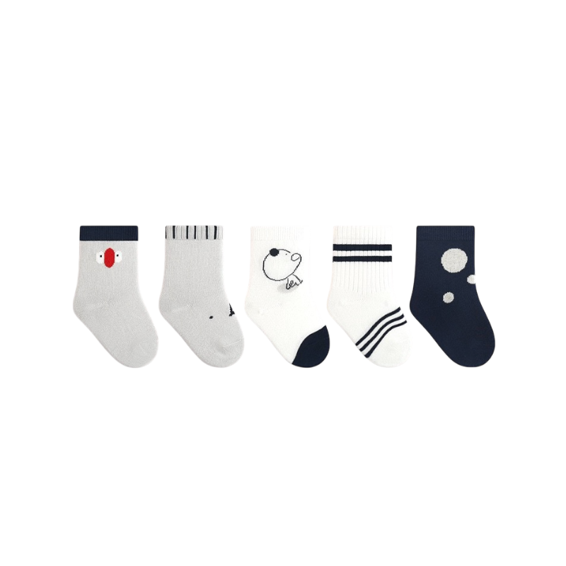 5-pair navy striped bear baby socks set in grey, white, and navy – soft cotton baby socks from BabyWonders UK