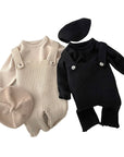 Two-piece baby knitted overall sets in beige and black with matching sweaters and beret hats