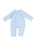
Newborn baby boy cotton kimono romper in soft ribbed fabric, light blue long sleeve jumpsuit with side tie closure