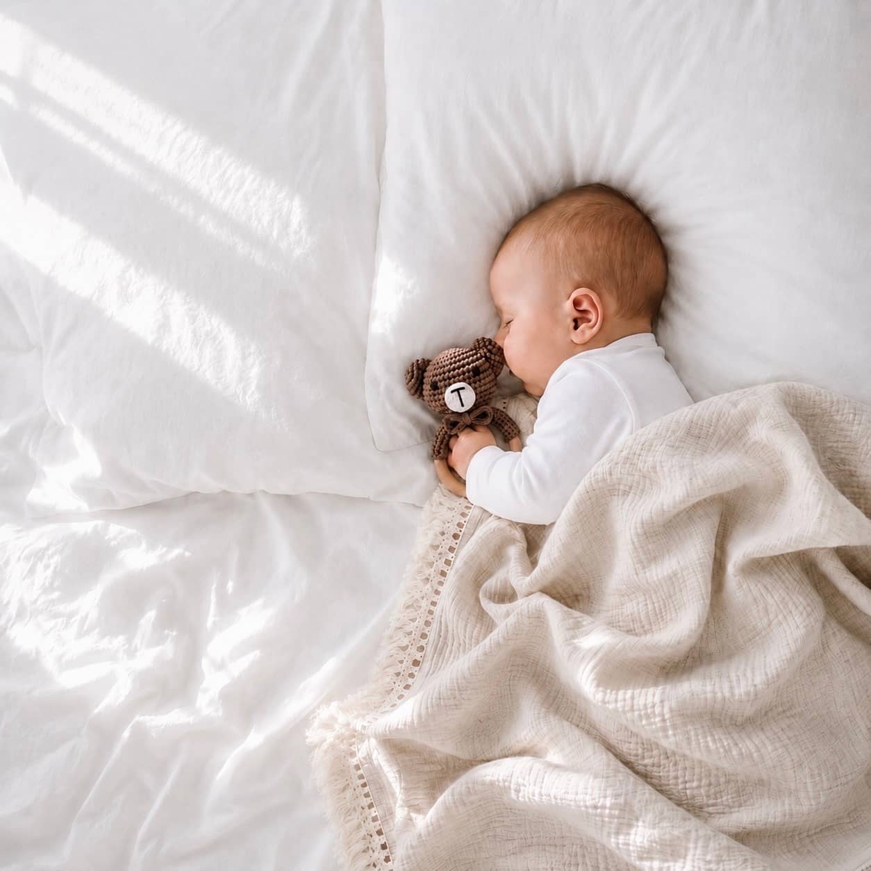 Sleeping newborn baby cuddling a crochet teddy bear rattle with a soft khaki tassel baby blanket, perfect for sensory development and baby shower gifts.