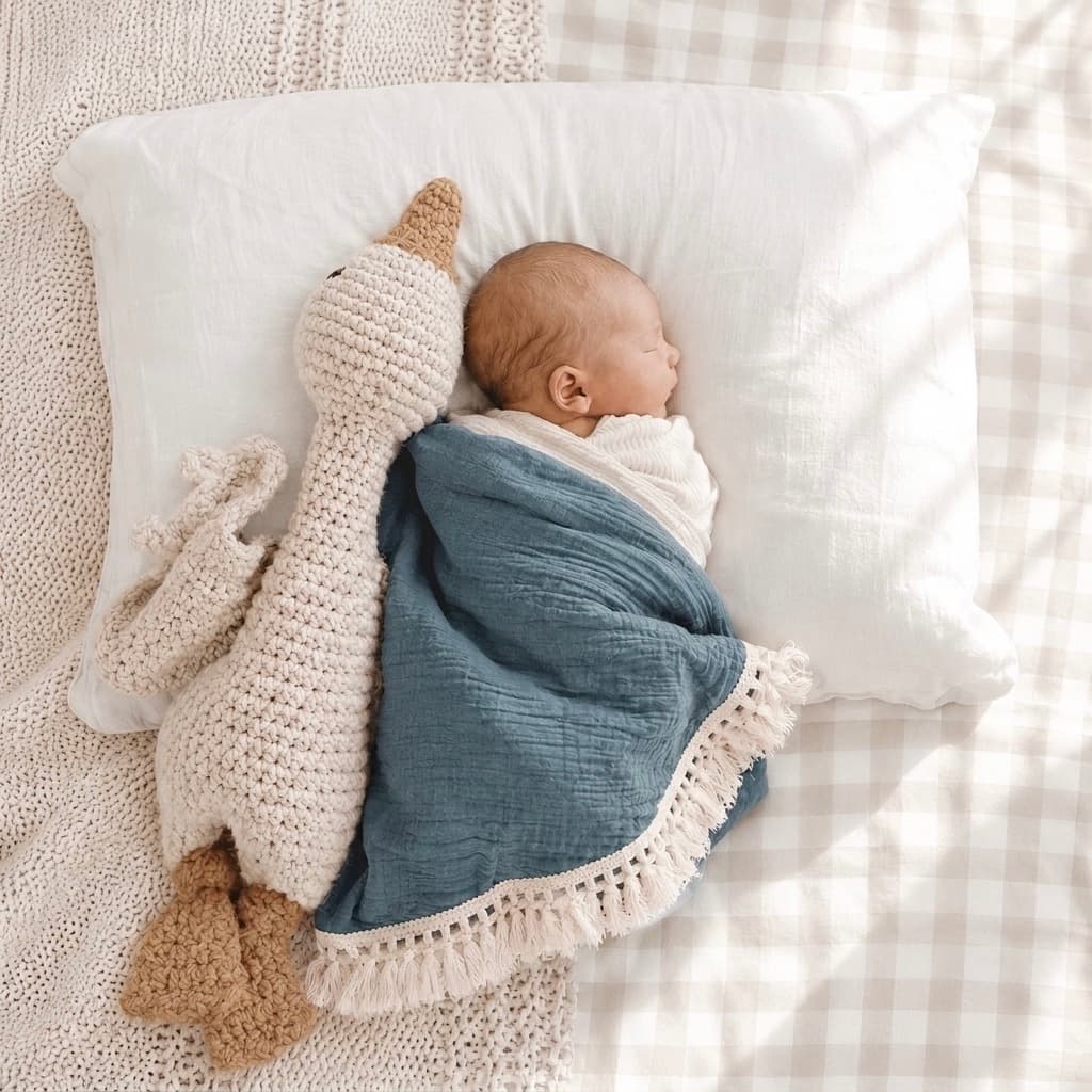 Newborn baby sleeping with a turquoise cotton baby blanket, soft breathable nursery blanket for naps, swaddling and everyday comfort.
