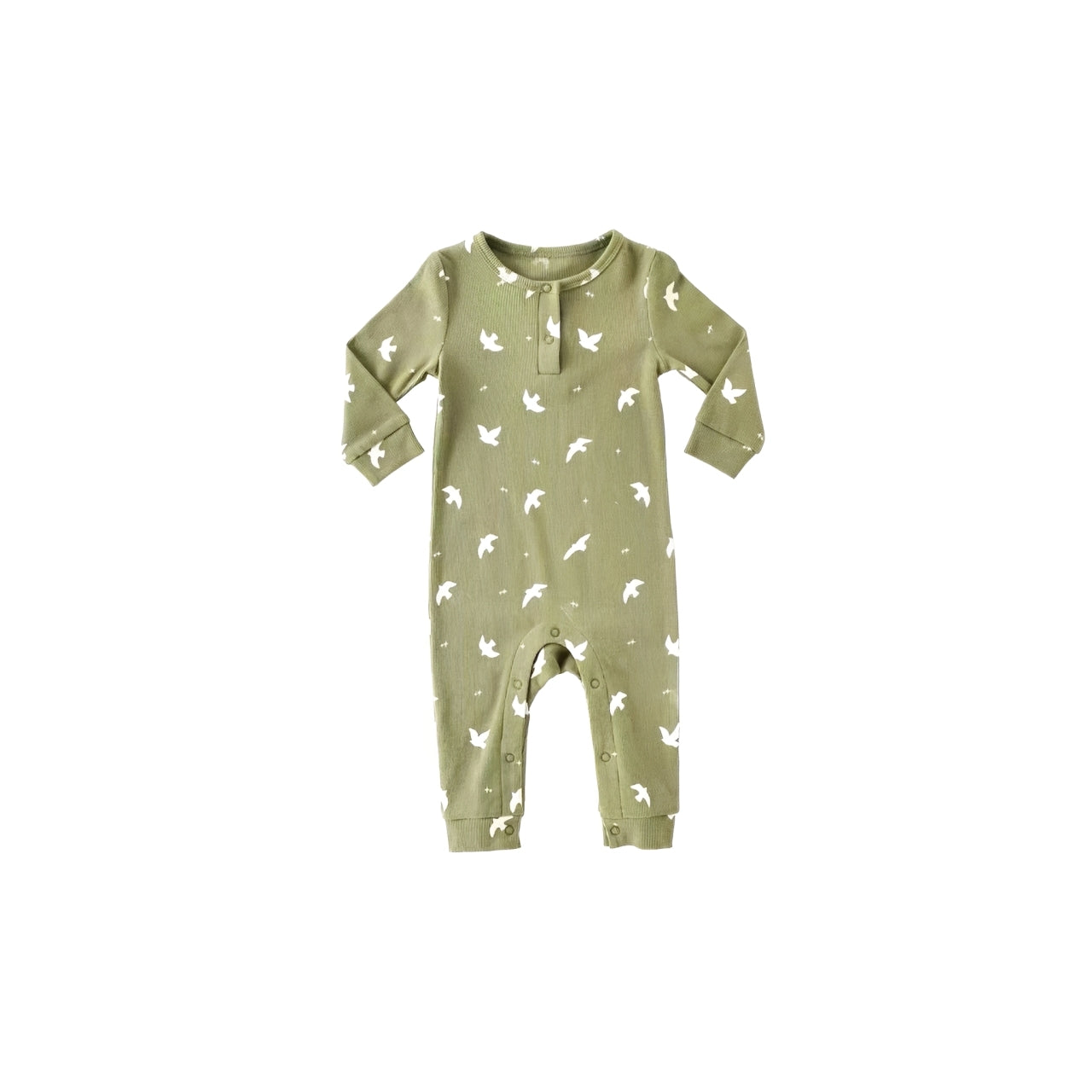 Olive-green cotton baby romper with white dove pattern, long sleeves, snap closures, and ribbed cuffs, unisex design for spring and autumn.