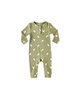 Olive-green cotton baby romper with white dove pattern, long sleeves, snap closures, and ribbed cuffs, unisex design for spring and autumn.