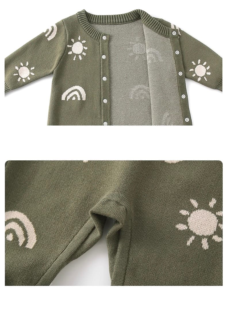 Inside view of open army green knitted baby romper with soft cotton lining and easy snap buttons for diaper changes.