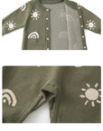 Inside view of open army green knitted baby romper with soft cotton lining and easy snap buttons for diaper changes.