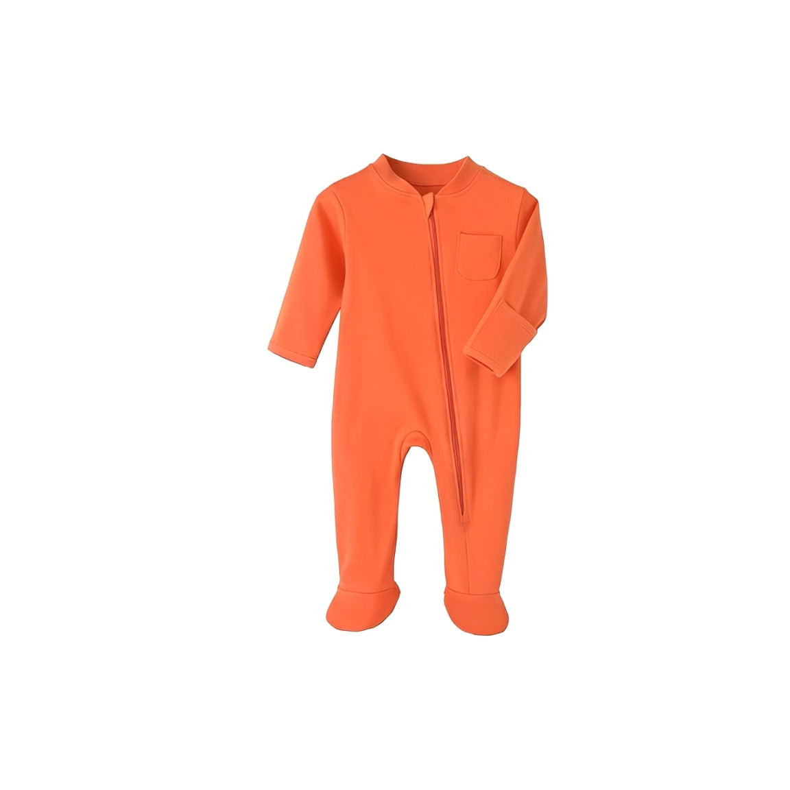 Soft orange cotton baby sleepsuit with zipper closure and chest pocket.