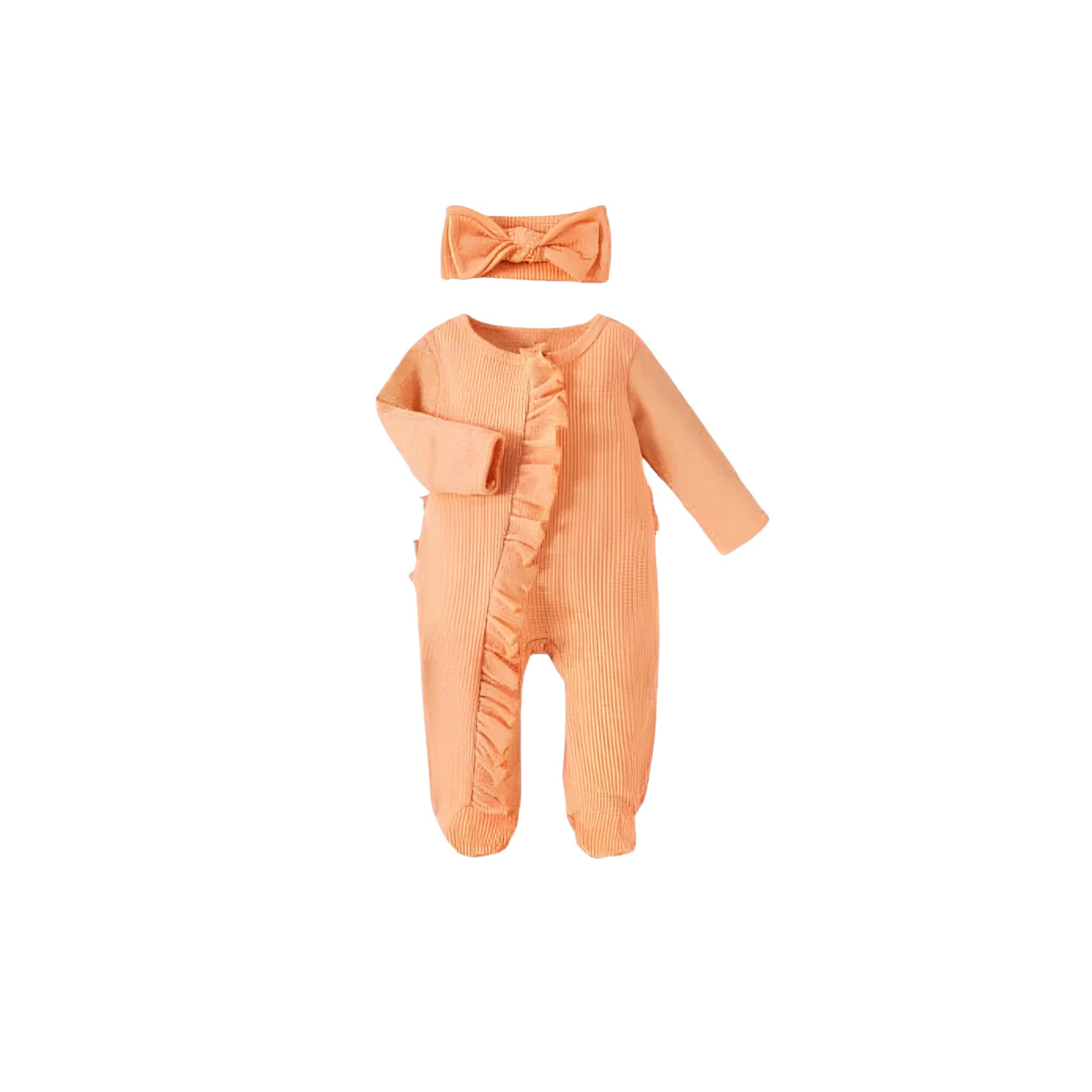 Orange baby romper with ruffle front and matching bow headband, cozy cotton outfit
