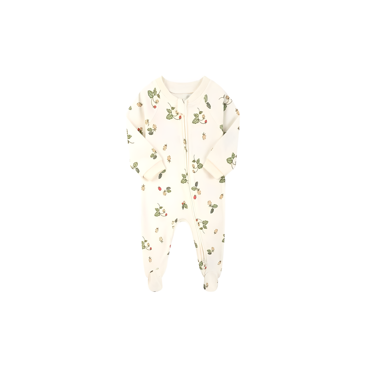organic cotton baby onesie with green strawberry leaf print
