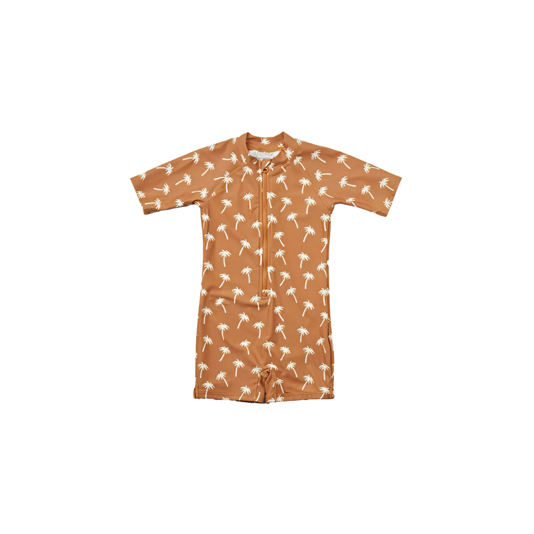 Palm print baby zip swim romper, tropical toddler swimsuit with breathable fabric for beach holidays