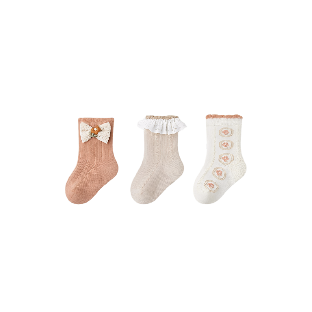 Soft pastel baby socks set with lace, knit texture, and delicate patterns for girls and boys.