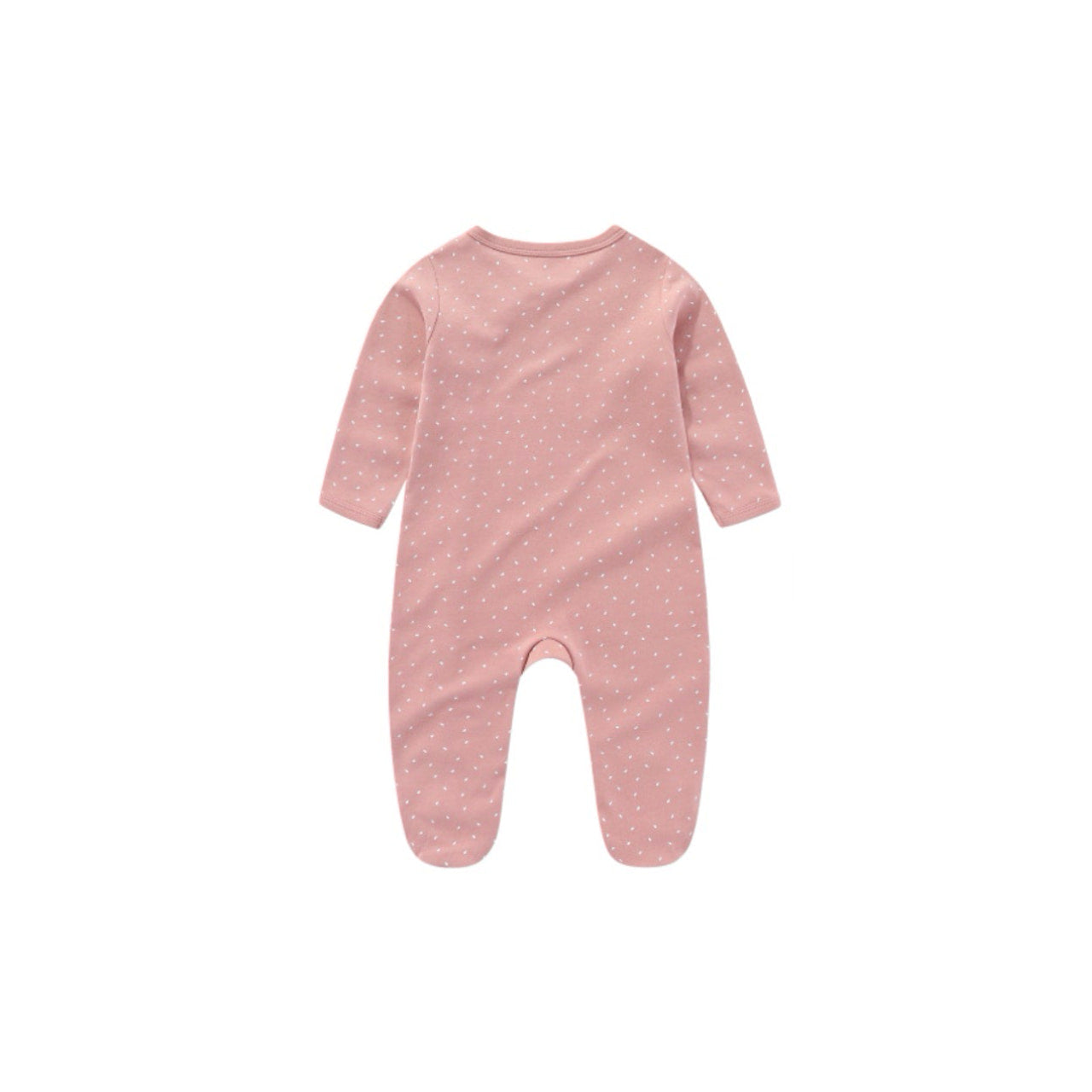 Pink baby sleepsuit with small polka dot pattern back view in soft cotton