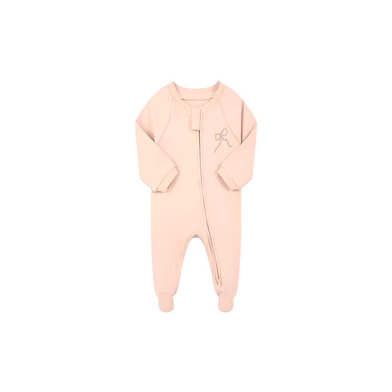 soft pink baby sleeper with bow embroidery and front zipper