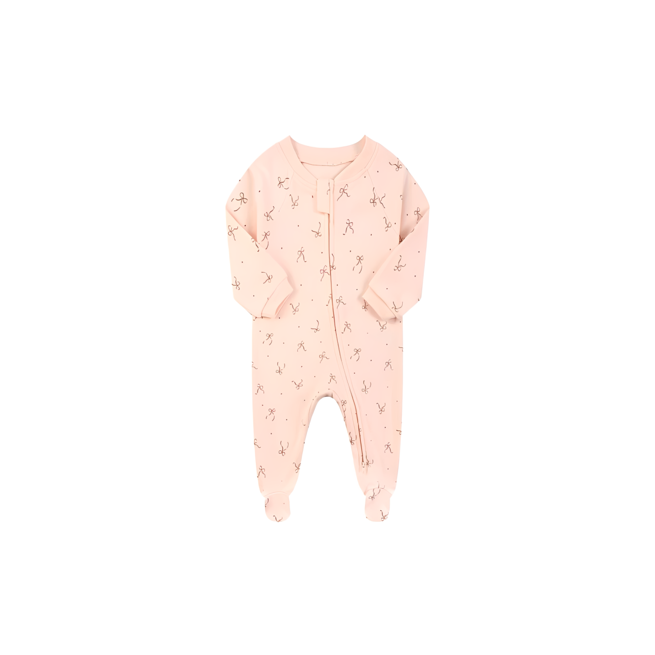 pink baby onesie with tiny bow print and full front zipper