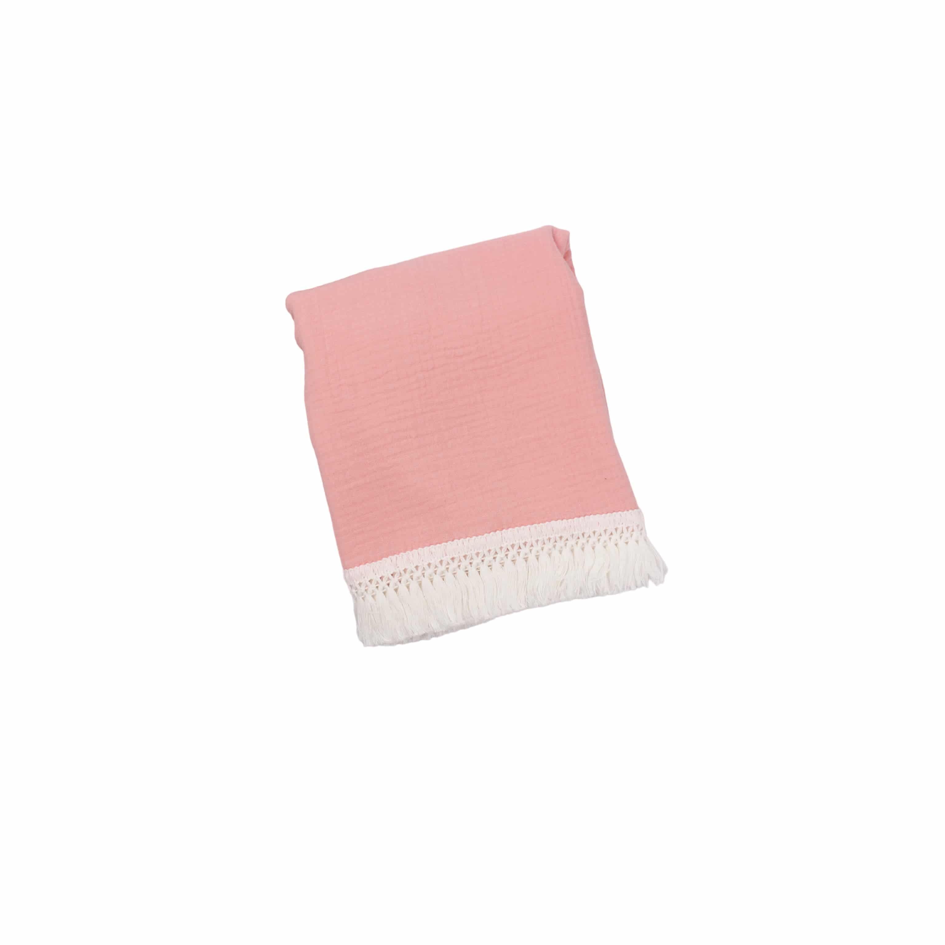 Pink cotton baby blanket with tassel trim, soft breathable newborn blanket for cot, stroller and nursery use.