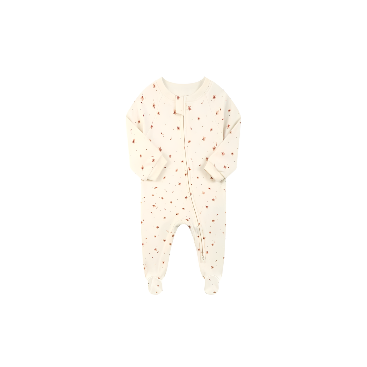 soft beige baby romper with small pink daisy floral print and zipper closure