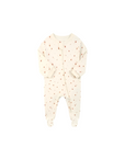 soft beige baby romper with small pink daisy floral print and zipper closure