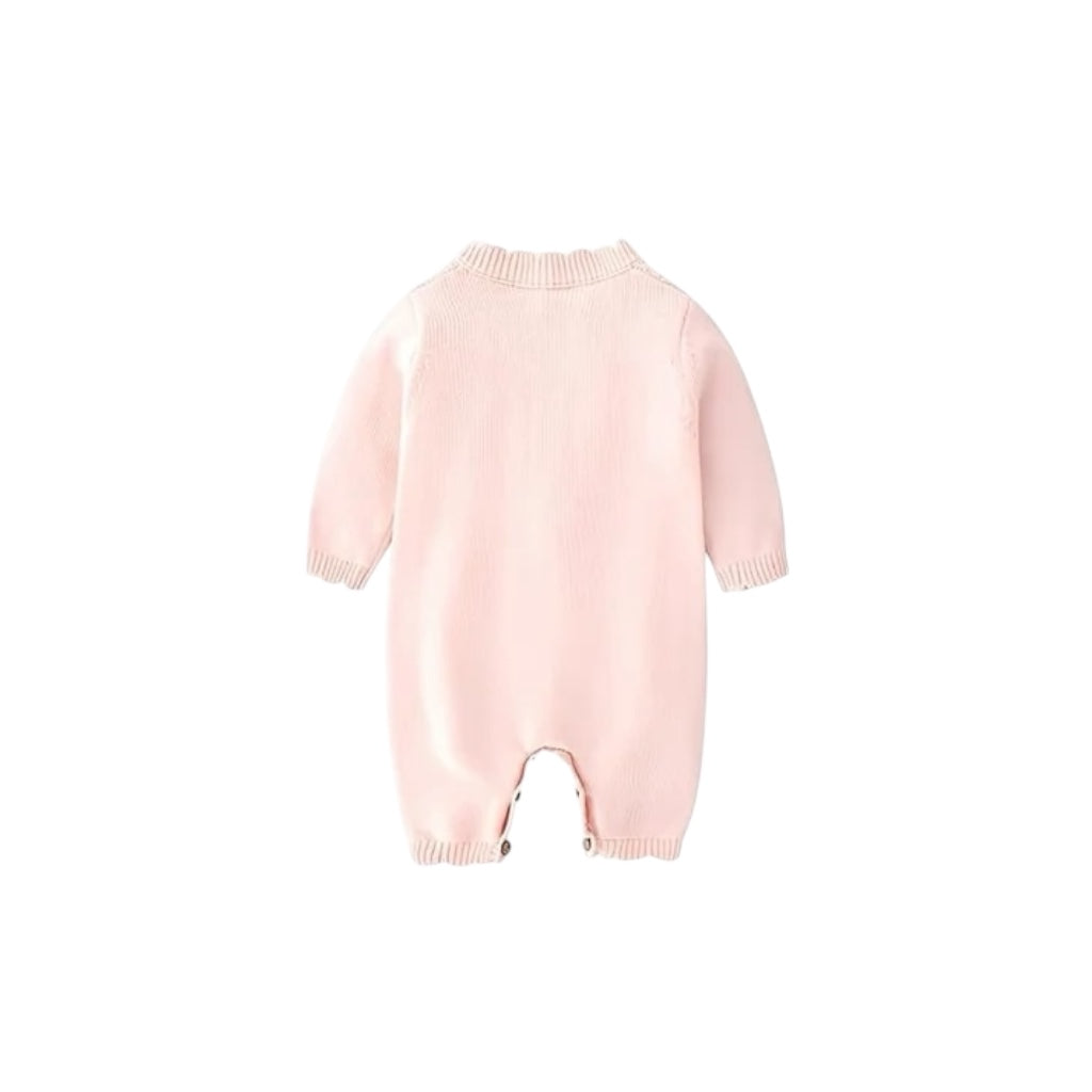 Pink embroidered knit baby romper back view, soft cotton baby girl outfit with long sleeves, warm and comfortable baby romper