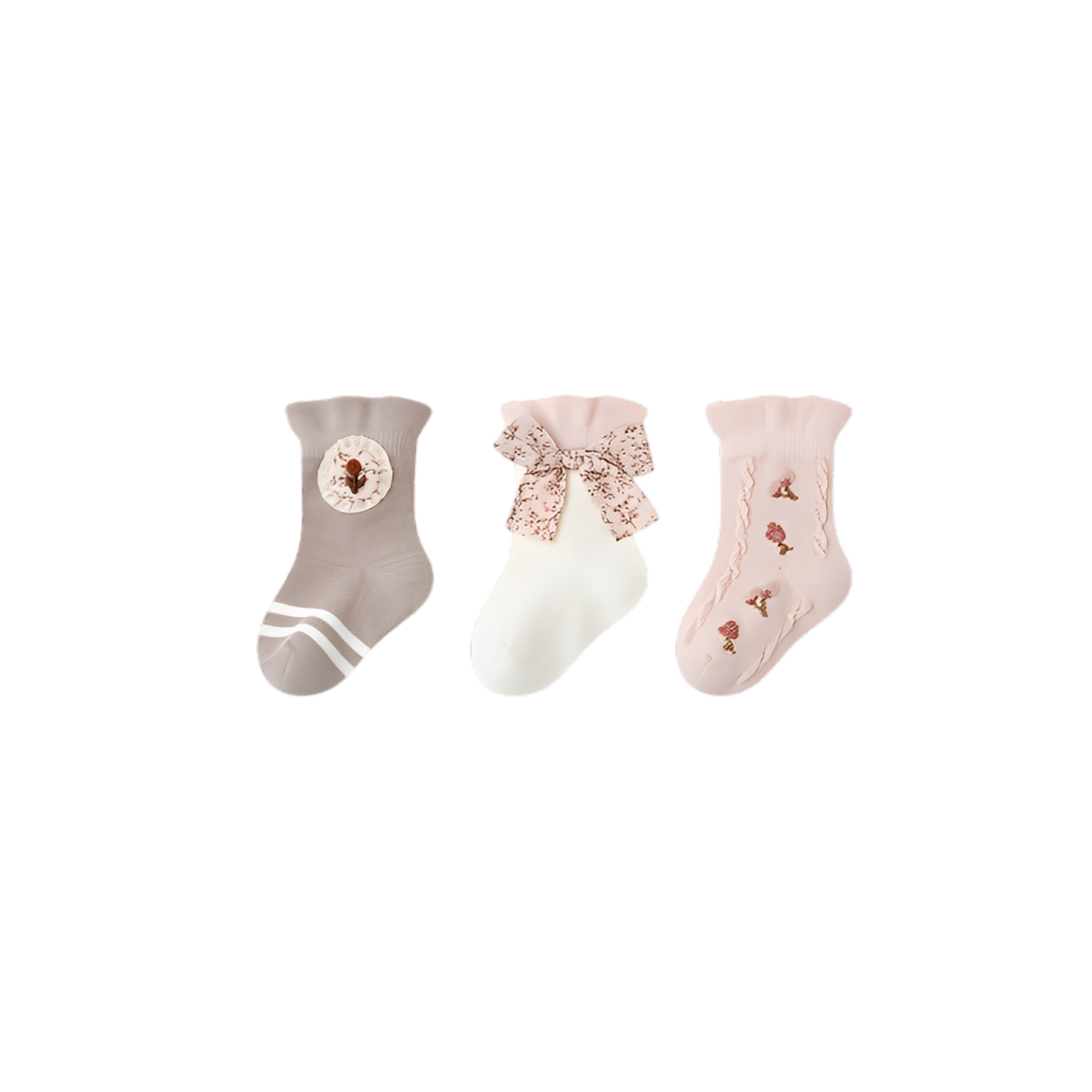 Three-pair baby socks set in pink and cream with floral embroidery and bow design, perfect baby gift.