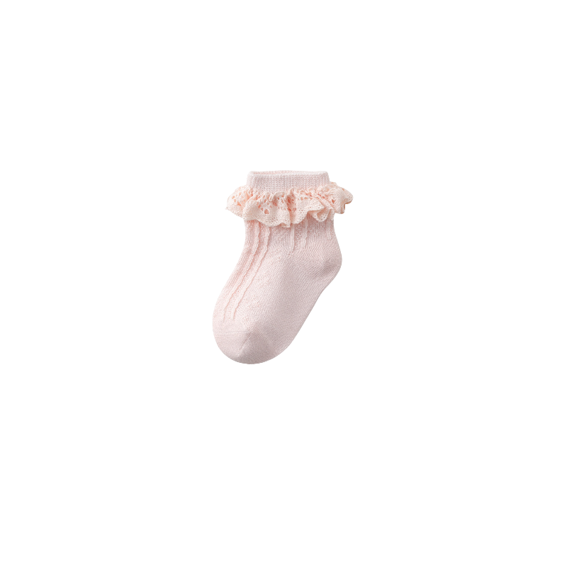 Pink lace frill baby socks made from soft combed cotton, perfect for baby girls’ outfits.