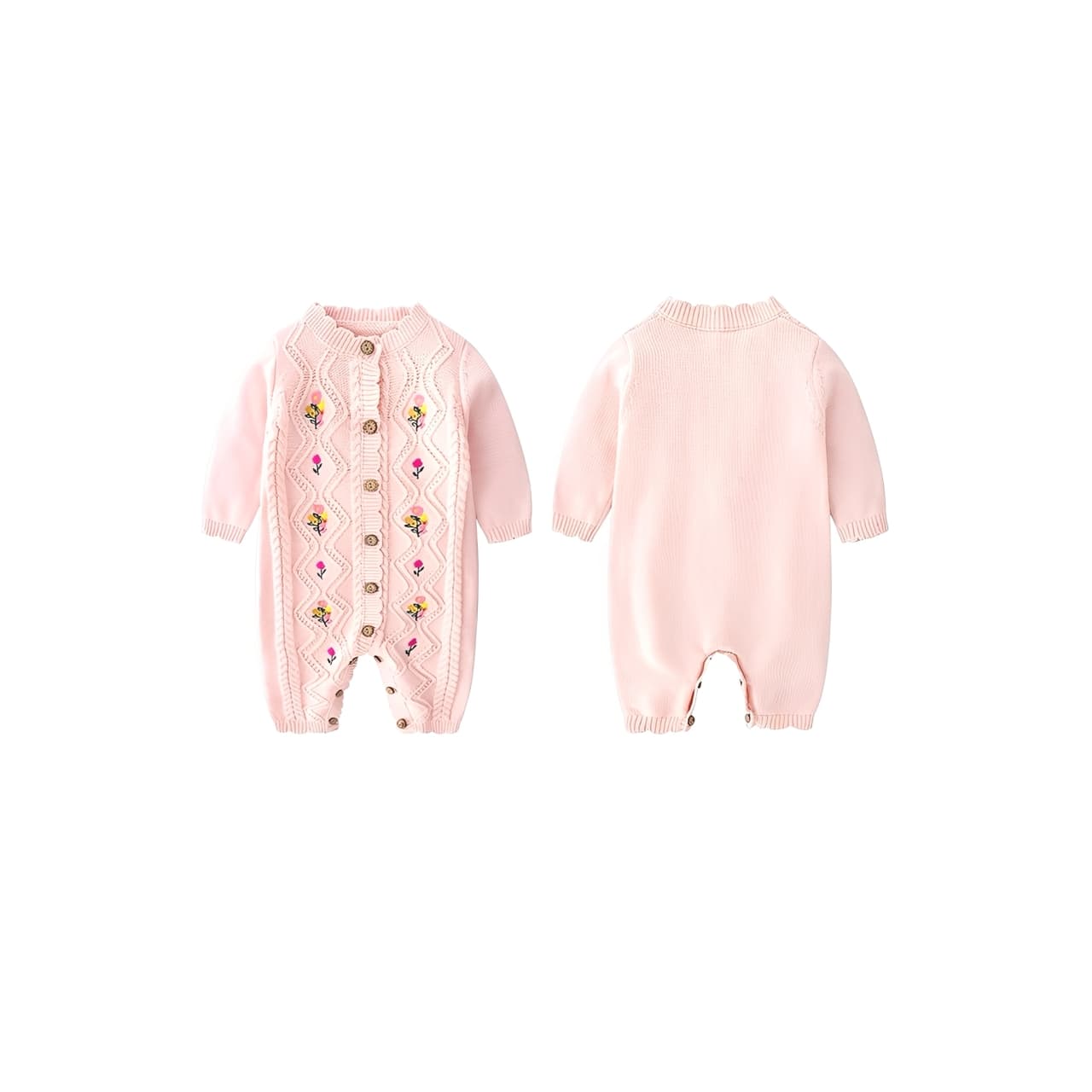 Front and back view of pink embroidered knit baby romper for newborn girls.
