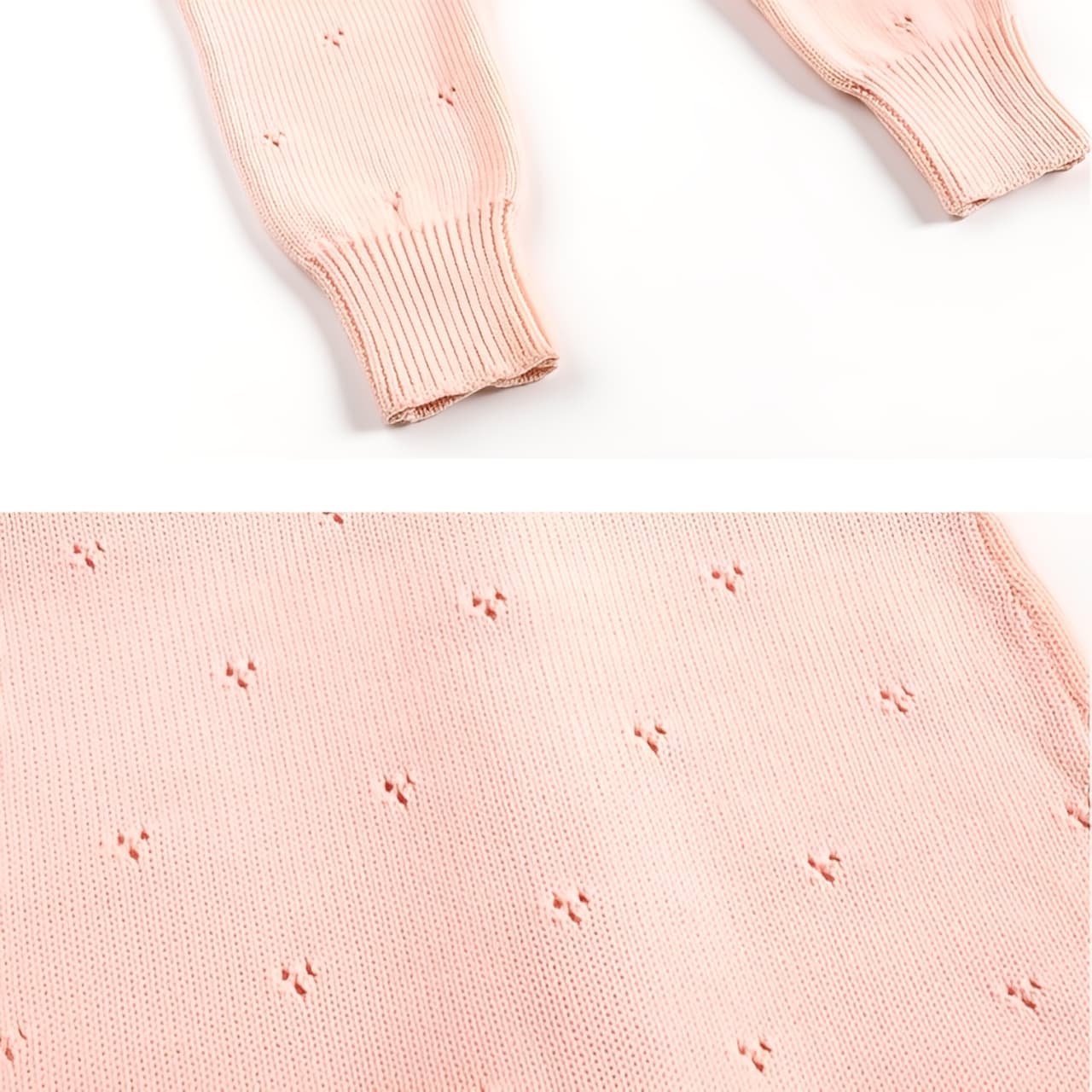 Detailed view of ribbed cuffs and soft textured cotton knit fabric on pink baby jumpsuit.
